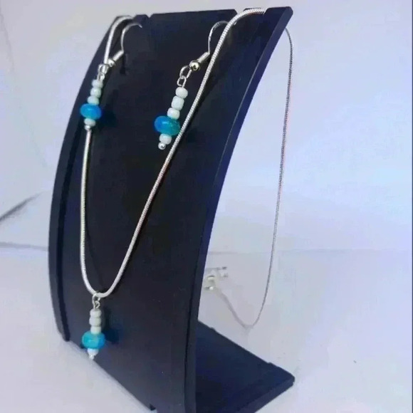 Handcrafted Beaded Silver Earrings, and Necklace Set - Picture 2 of 5